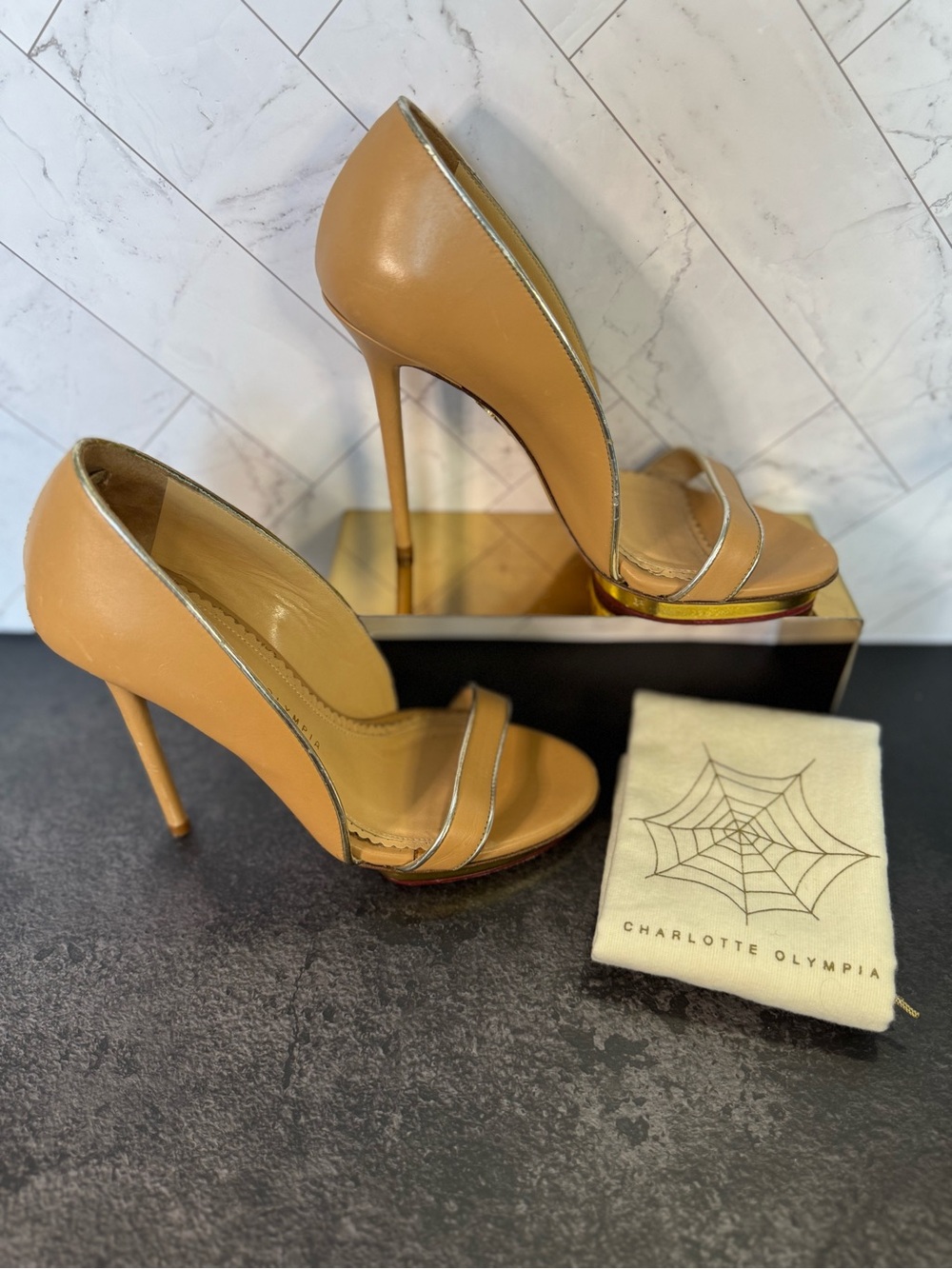 Charlotte Olympia Tan Open-Toe Stiletto Pumps Heels, Size 37